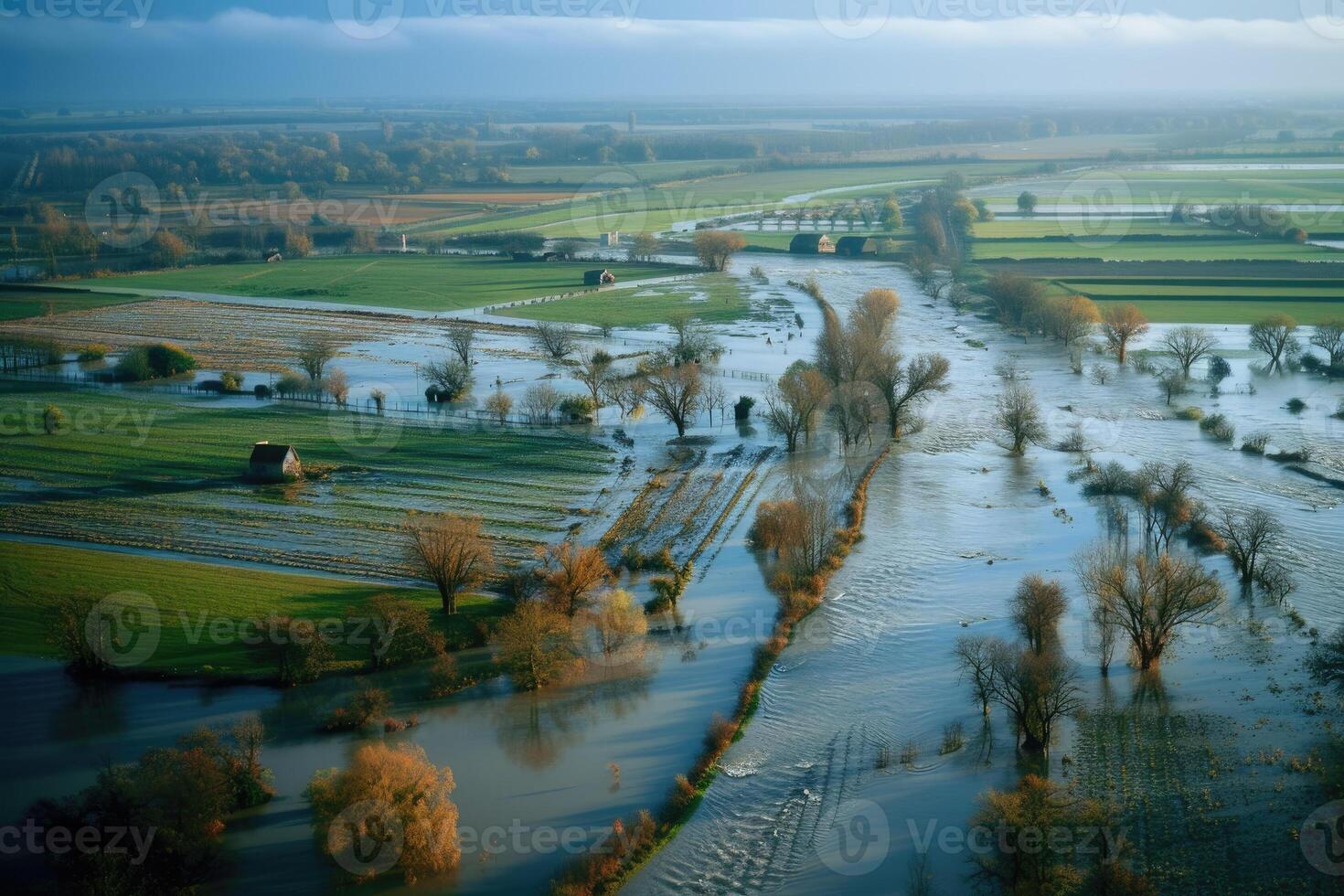 Flooded fields and farmland in the countryside photo