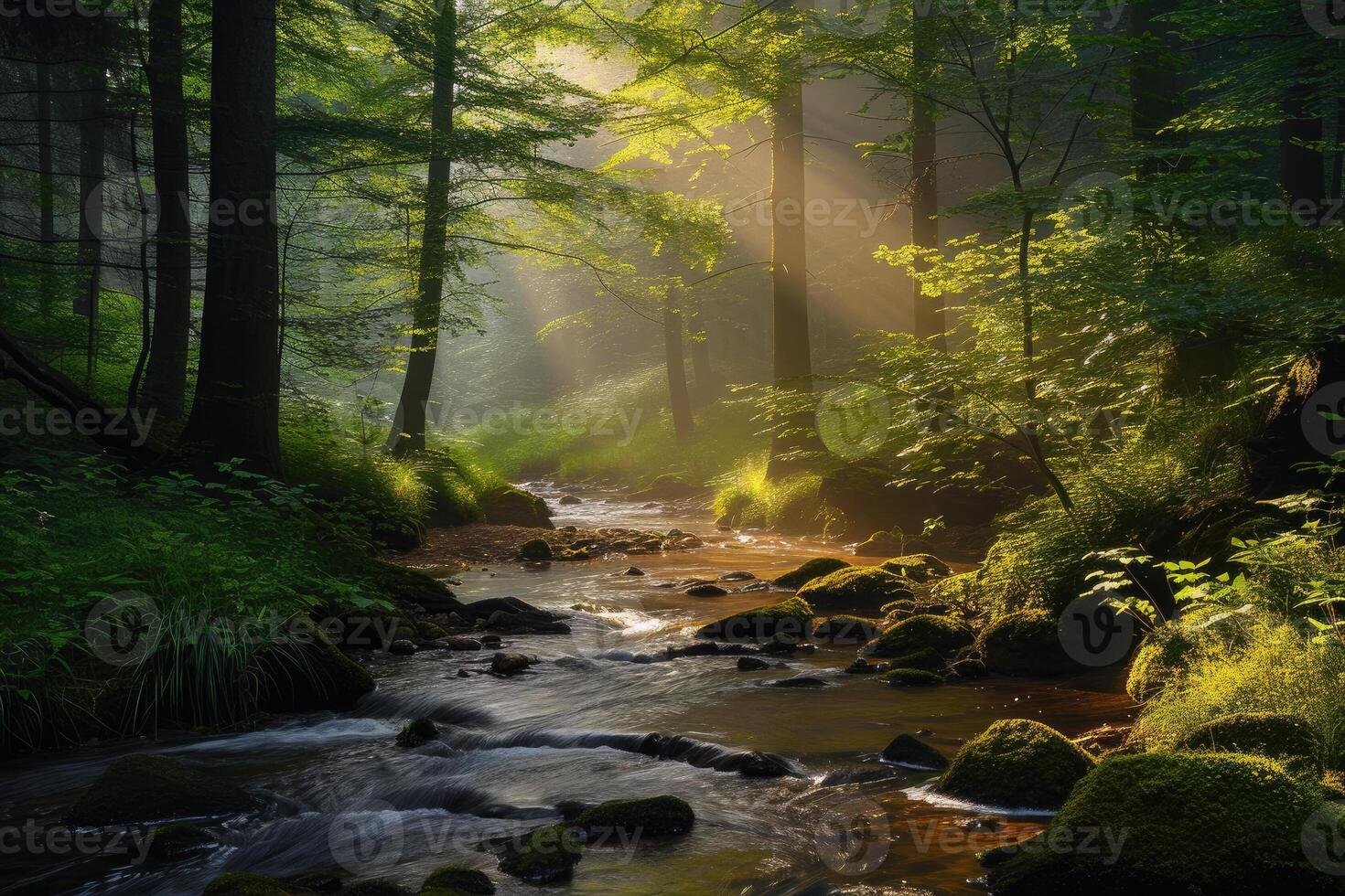 A stream runs through a forest with trees and grass photo