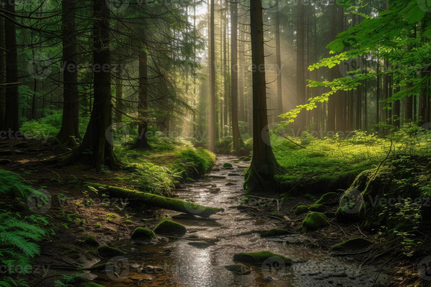 A stream runs through a forest with sunlight shining through the trees photo