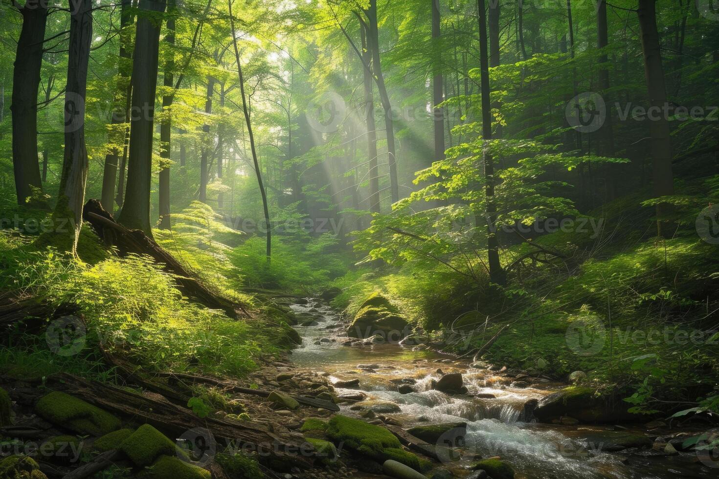A stream runs through a green forest with sunbeams shining down photo