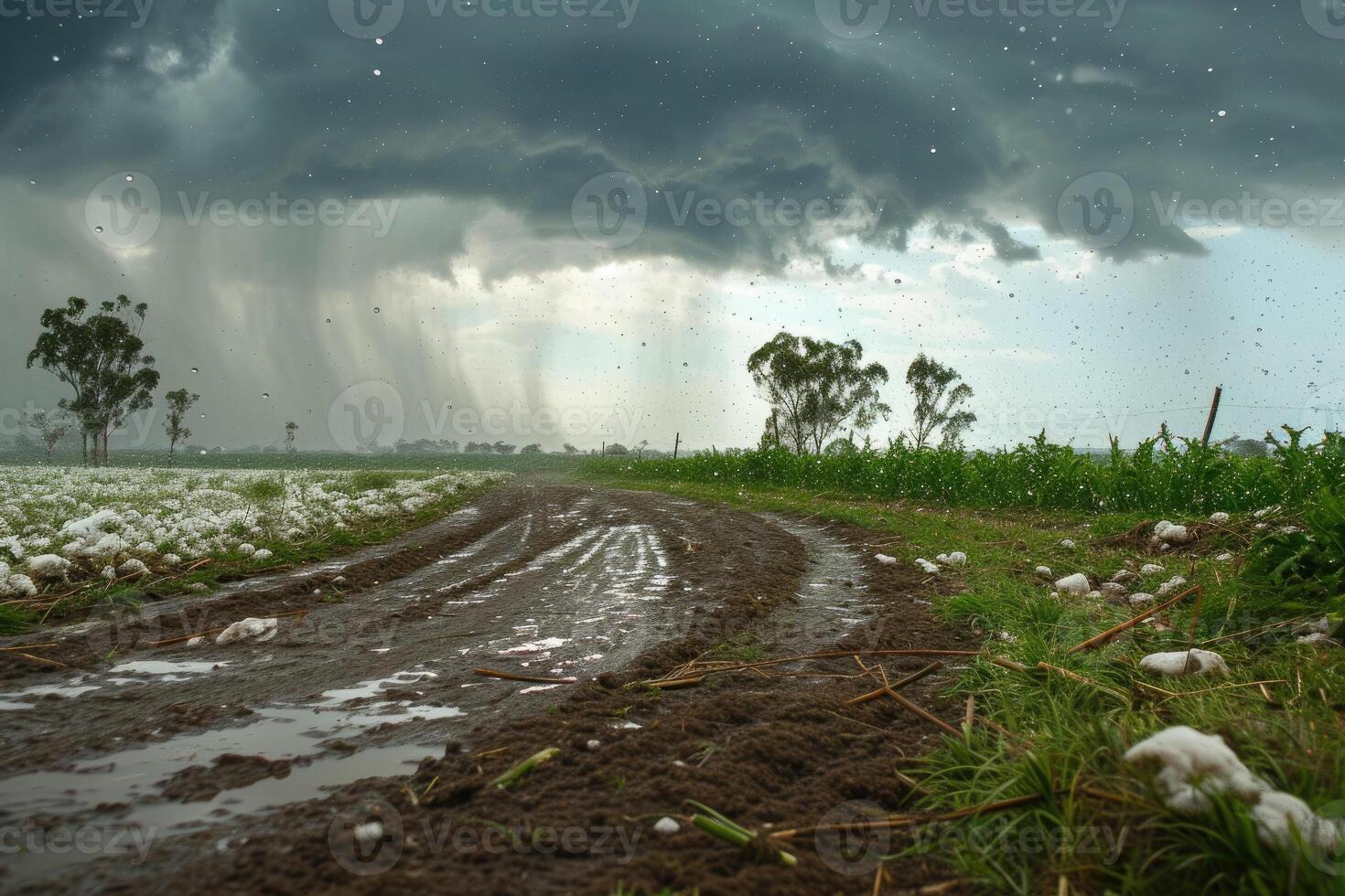 A dirt road with cotton in the field photo