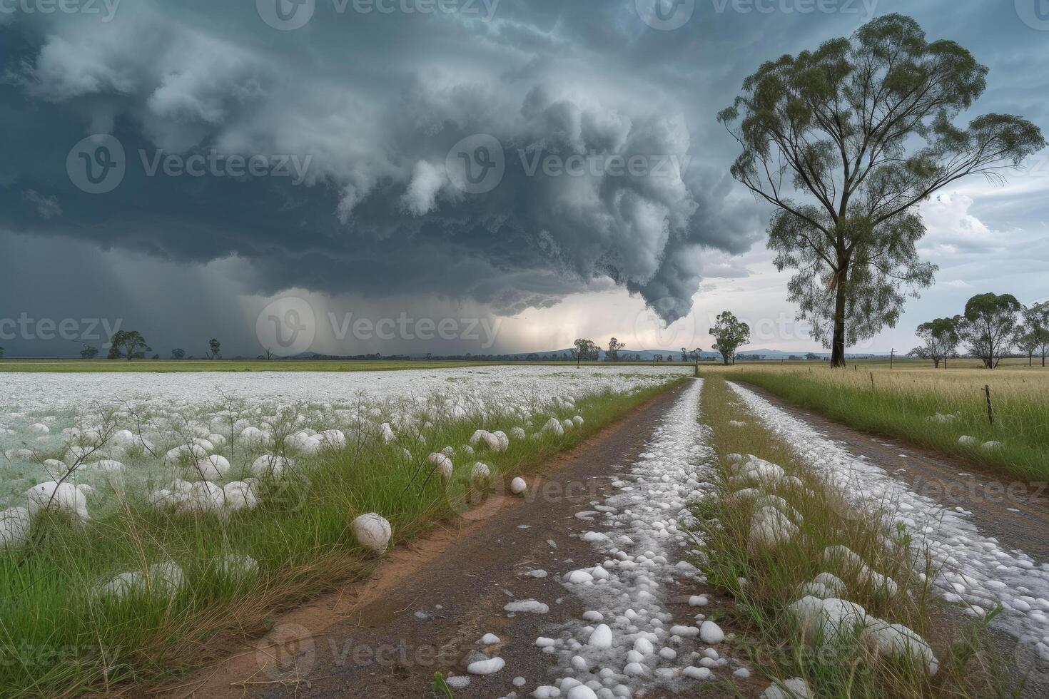 A dirt road with cotton balls on it and a storm cloud above photo