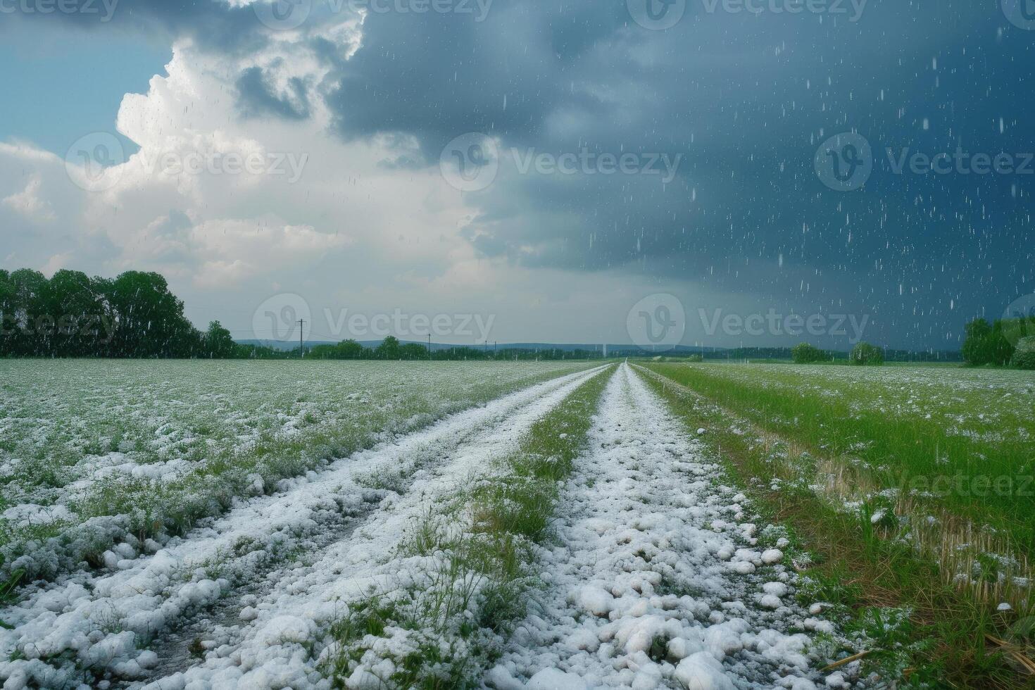 A field with snow and a dirt road photo