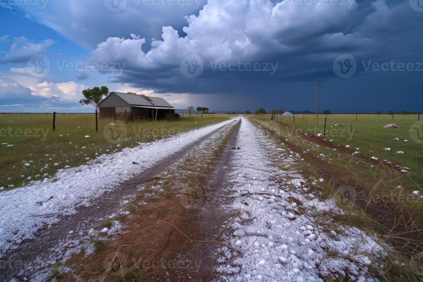 A dirt road with a house and a field photo