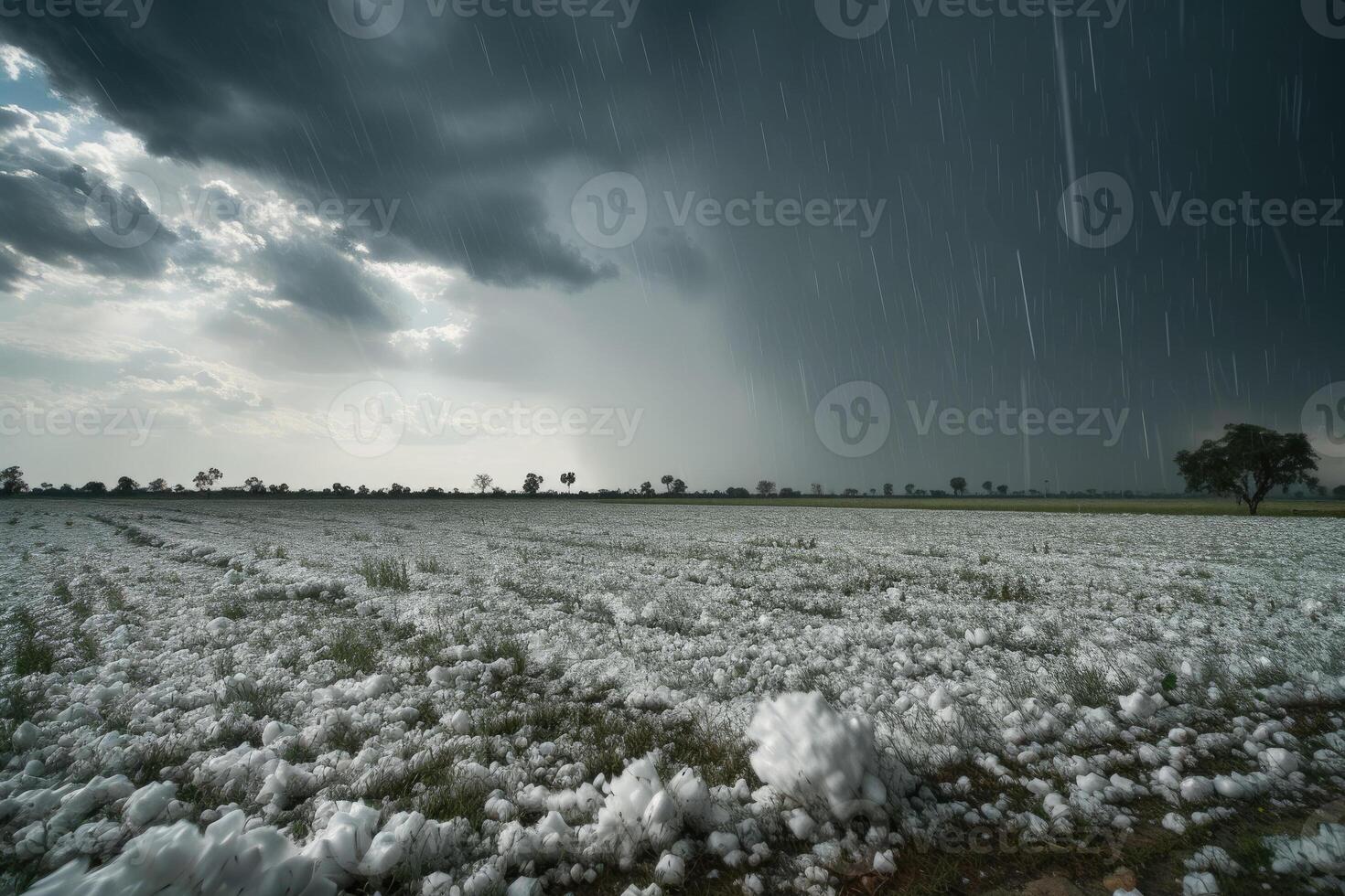 A field of cotton is under a stormy sky photo