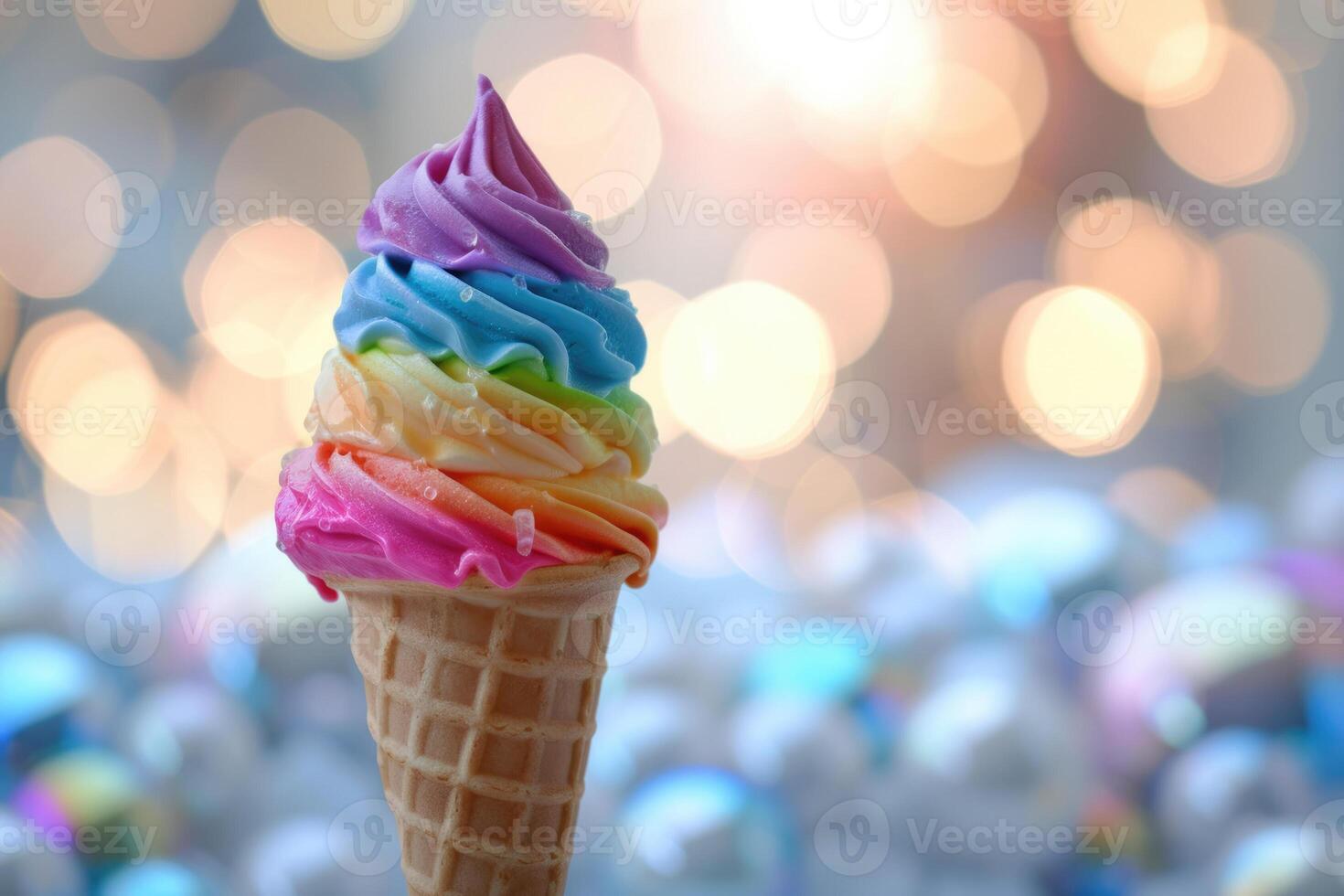 An ice cream cone with rainbow colored frosting photo