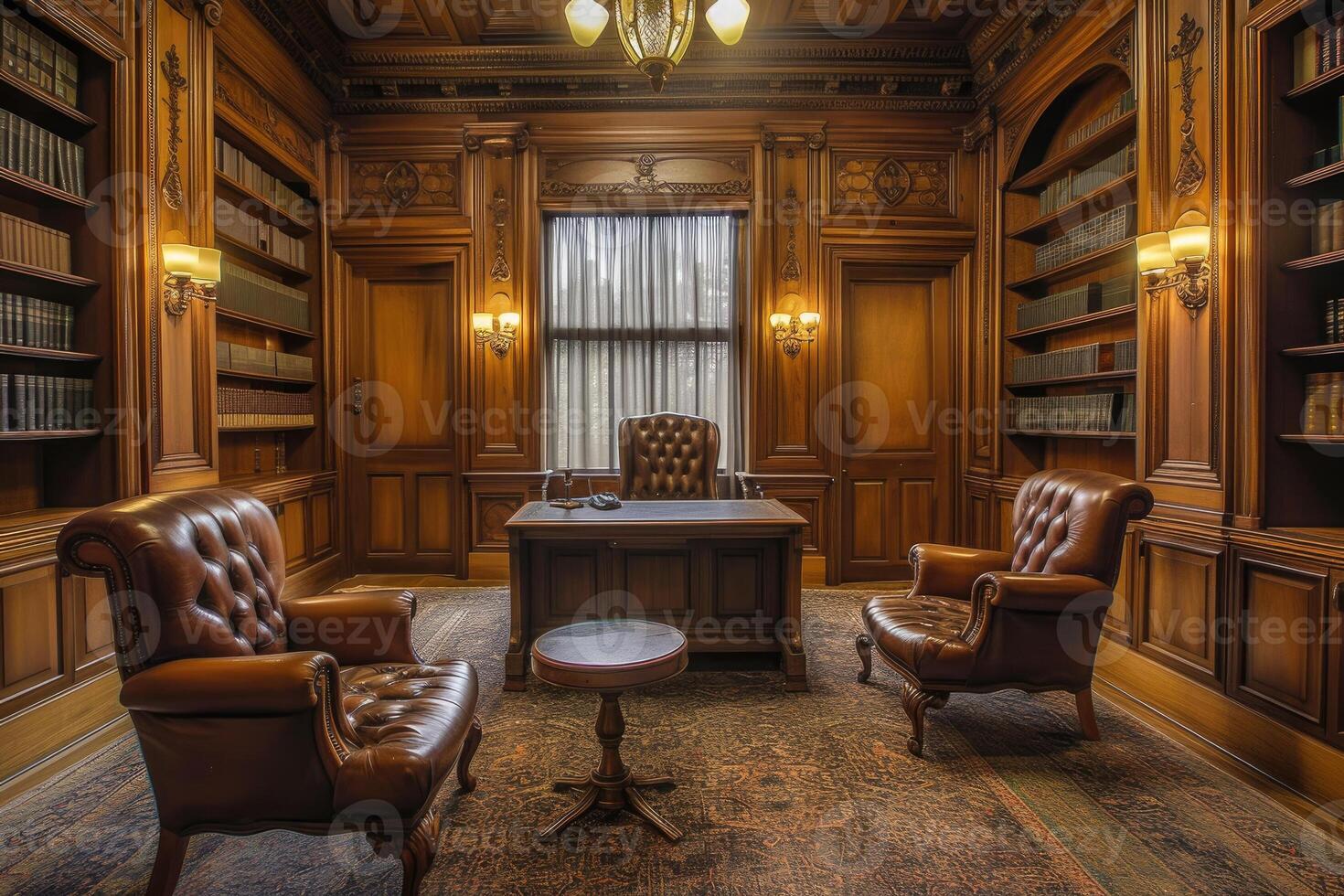A library room with two chairs and a desk photo