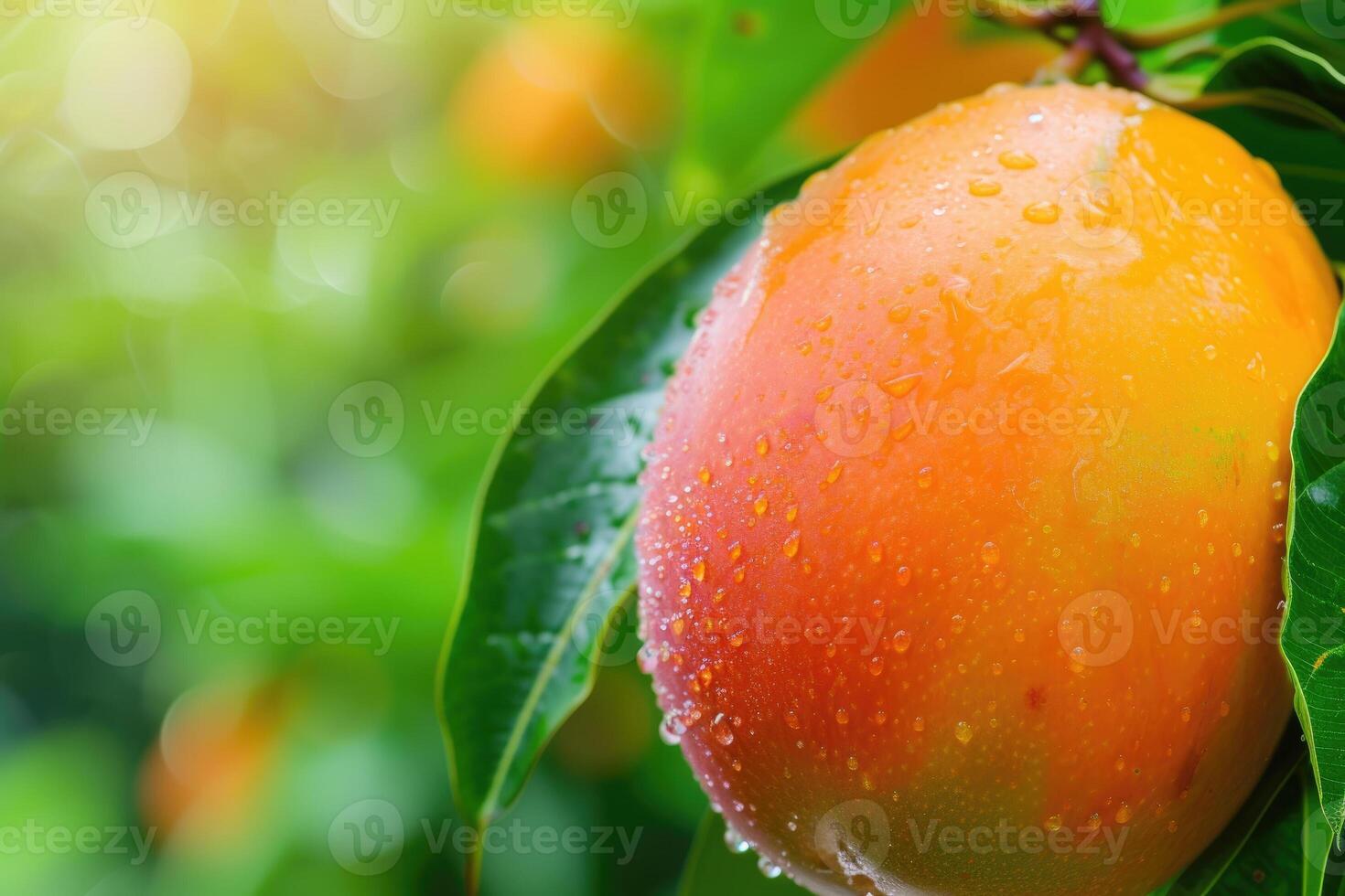 A mango on a tree with water drops on it photo