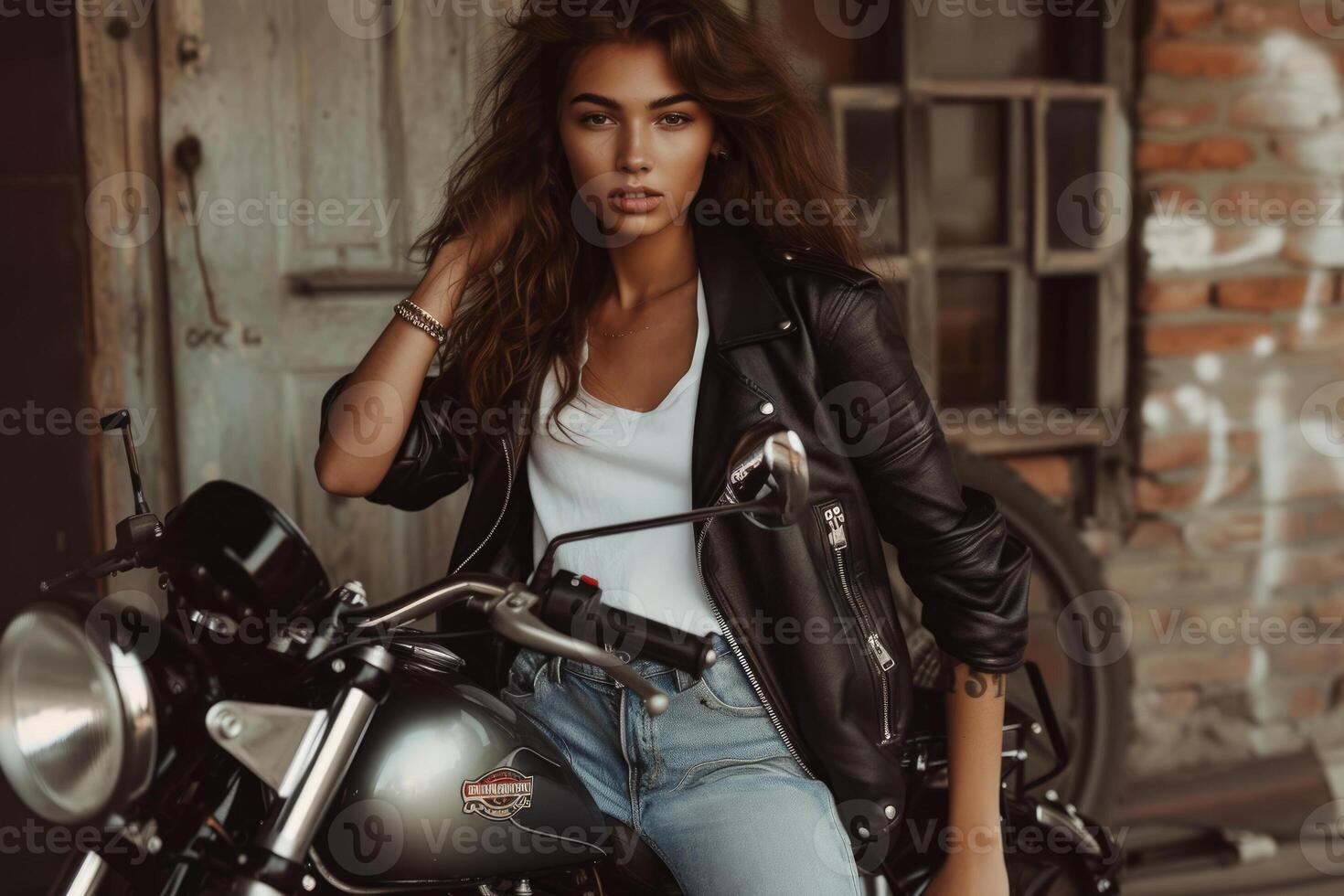 A woman in jeans and a leather jacket sitting on a motorcycle photo