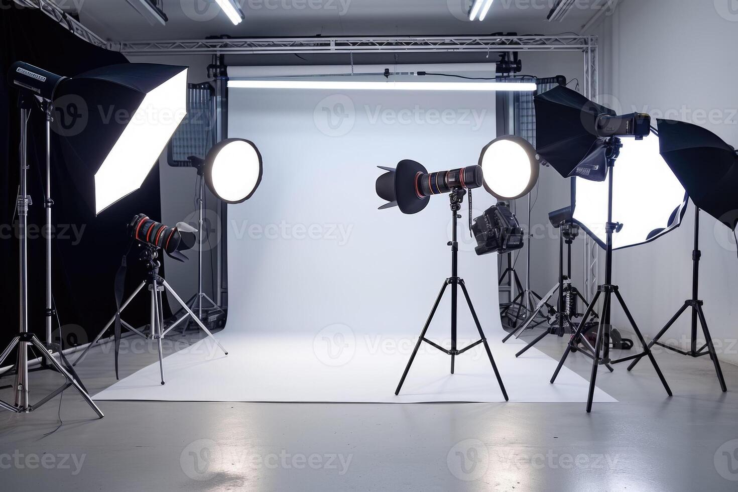 A photo studio with lighting equipment and a white backdrop