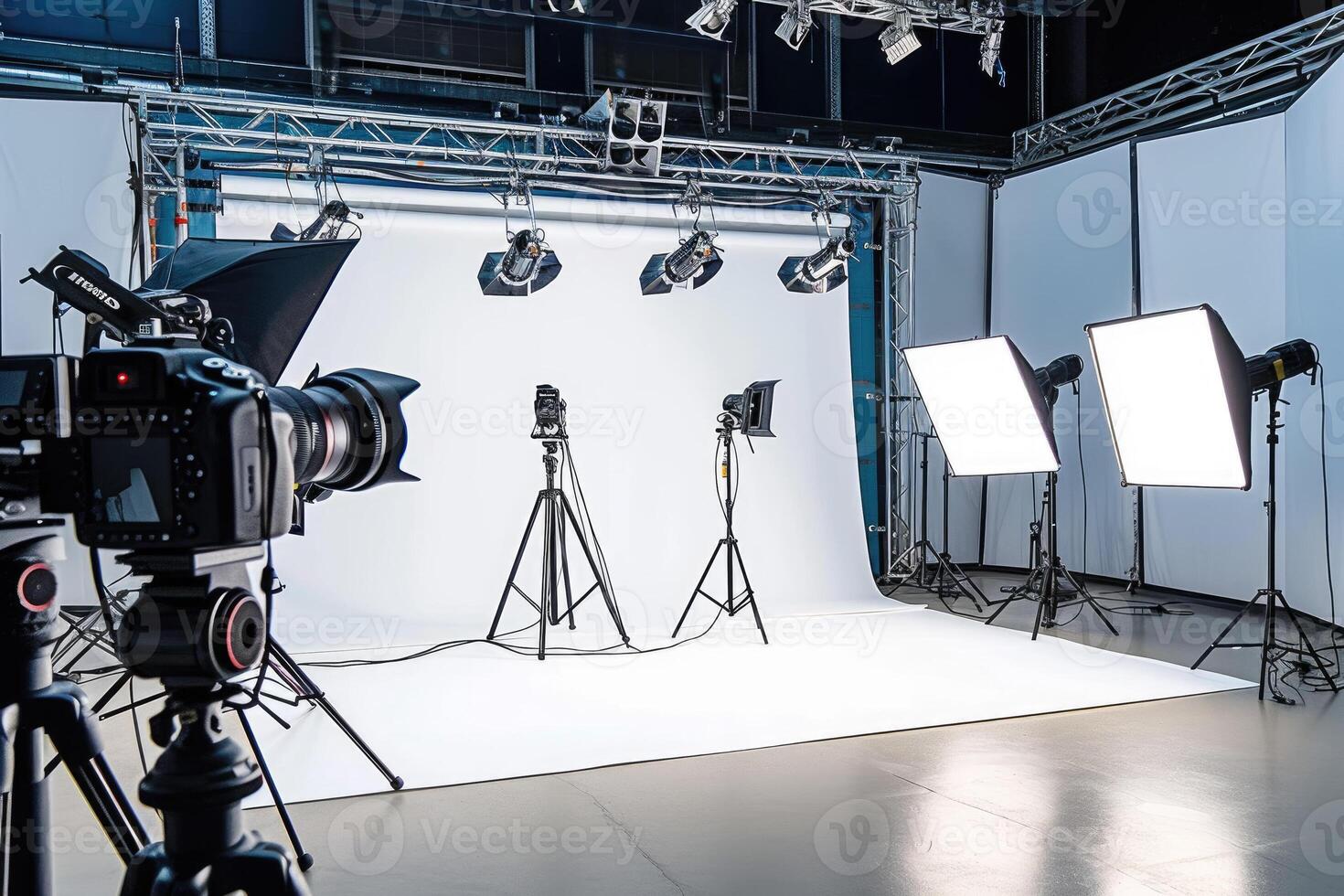 A photo studio with lighting equipment and a white backdrop