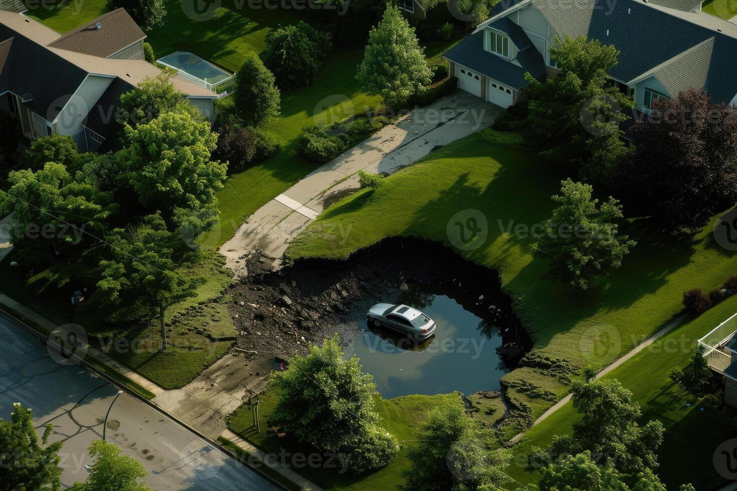 An aerial view of a car parked in a hole in the middle of a residential neighborhood photo