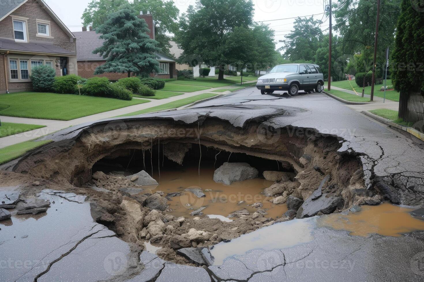 A large hole in the road that is filled with water photo