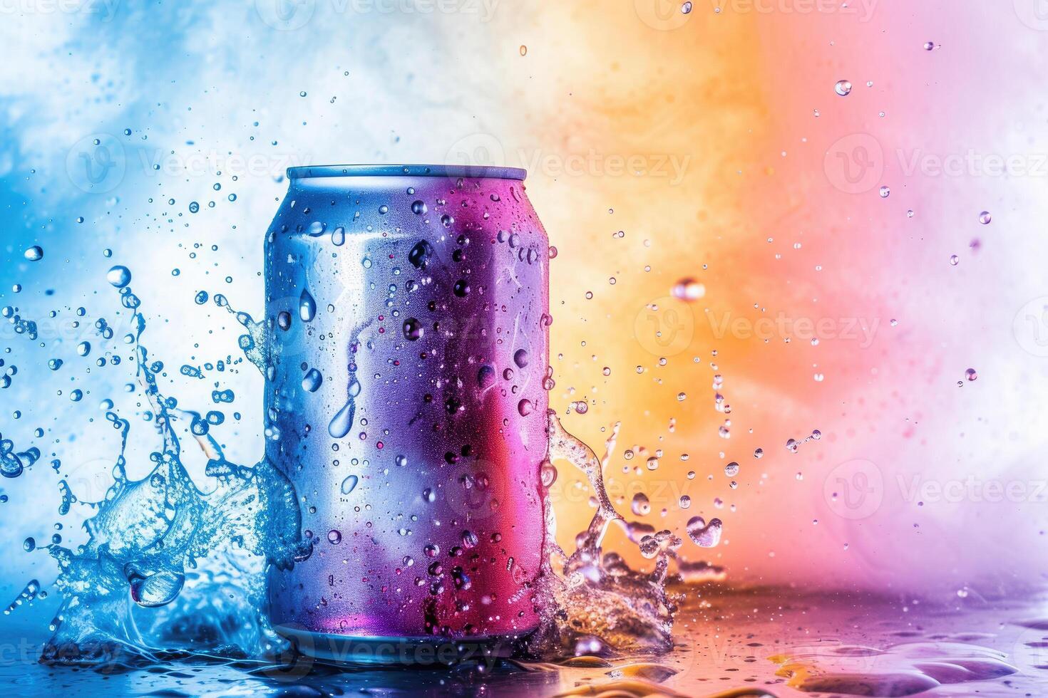 A can of soda with water splashing on it photo