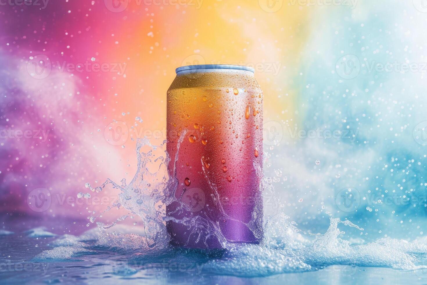 A can of beer is splashed with colored water photo