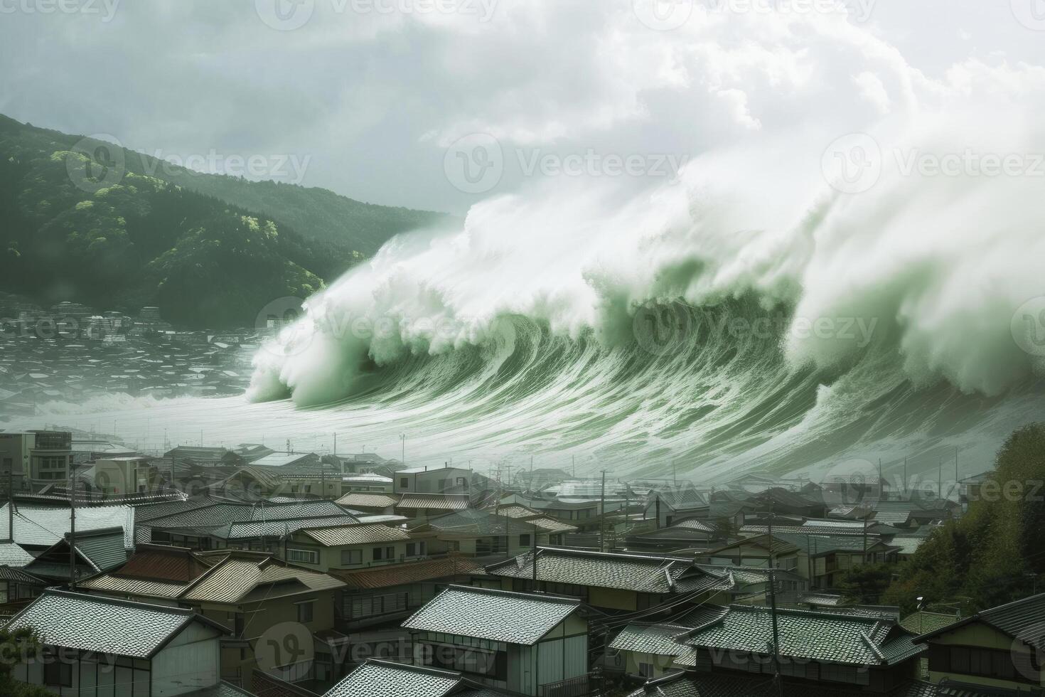A large wave crashing over a town with houses photo