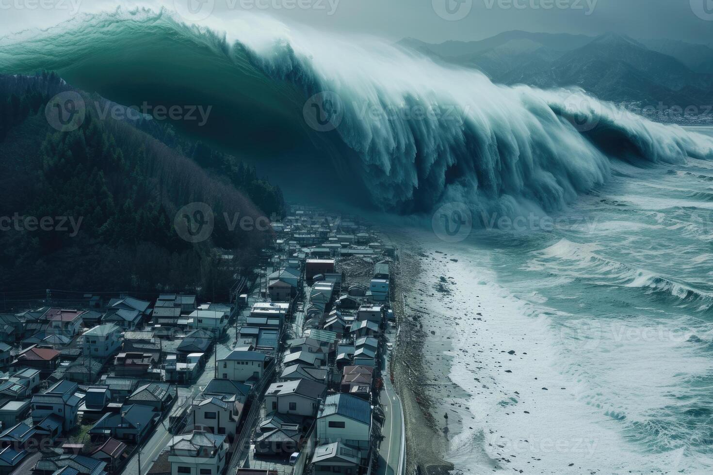 A large wave is crashing over a town photo