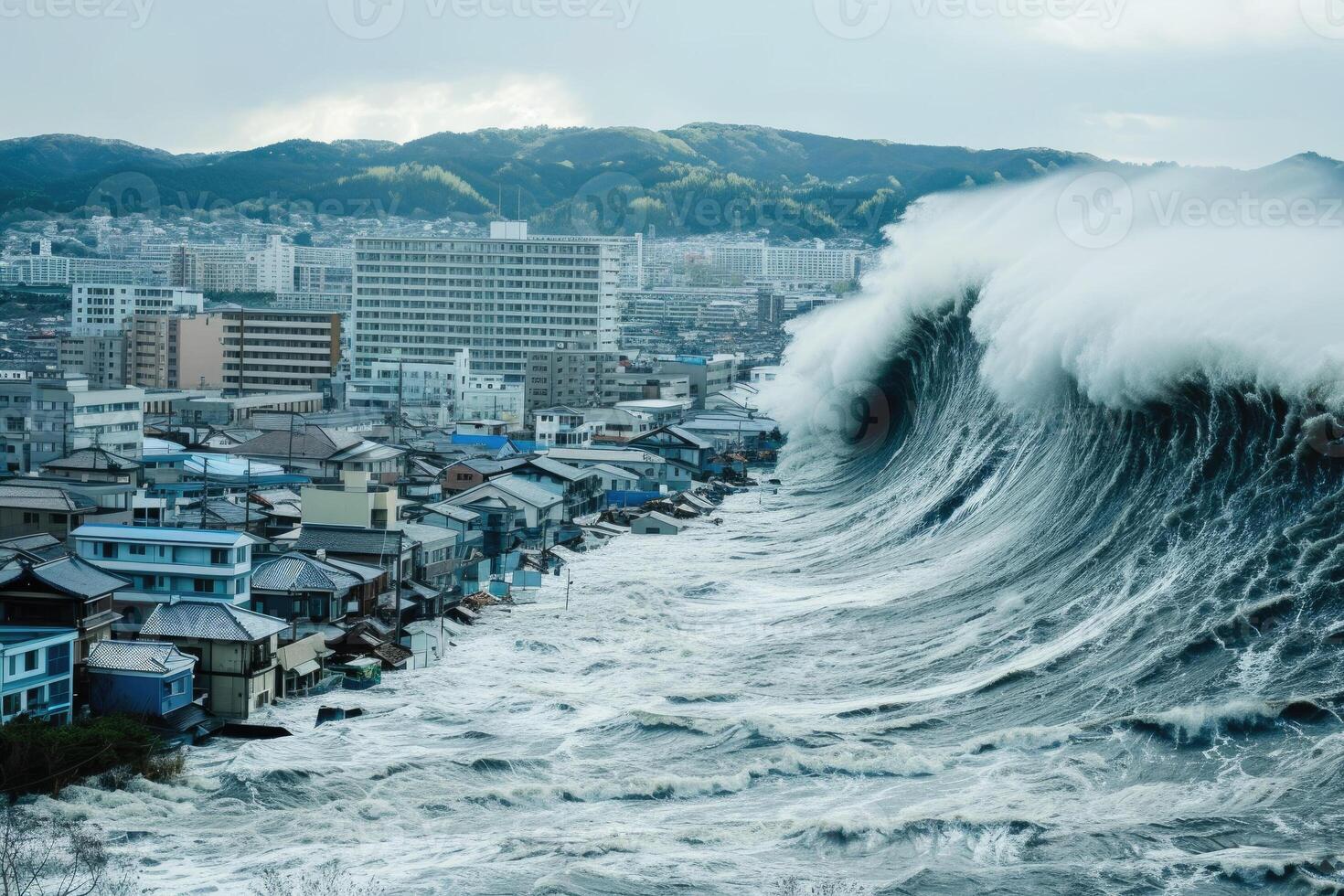 A large wave crashing over a city with houses photo