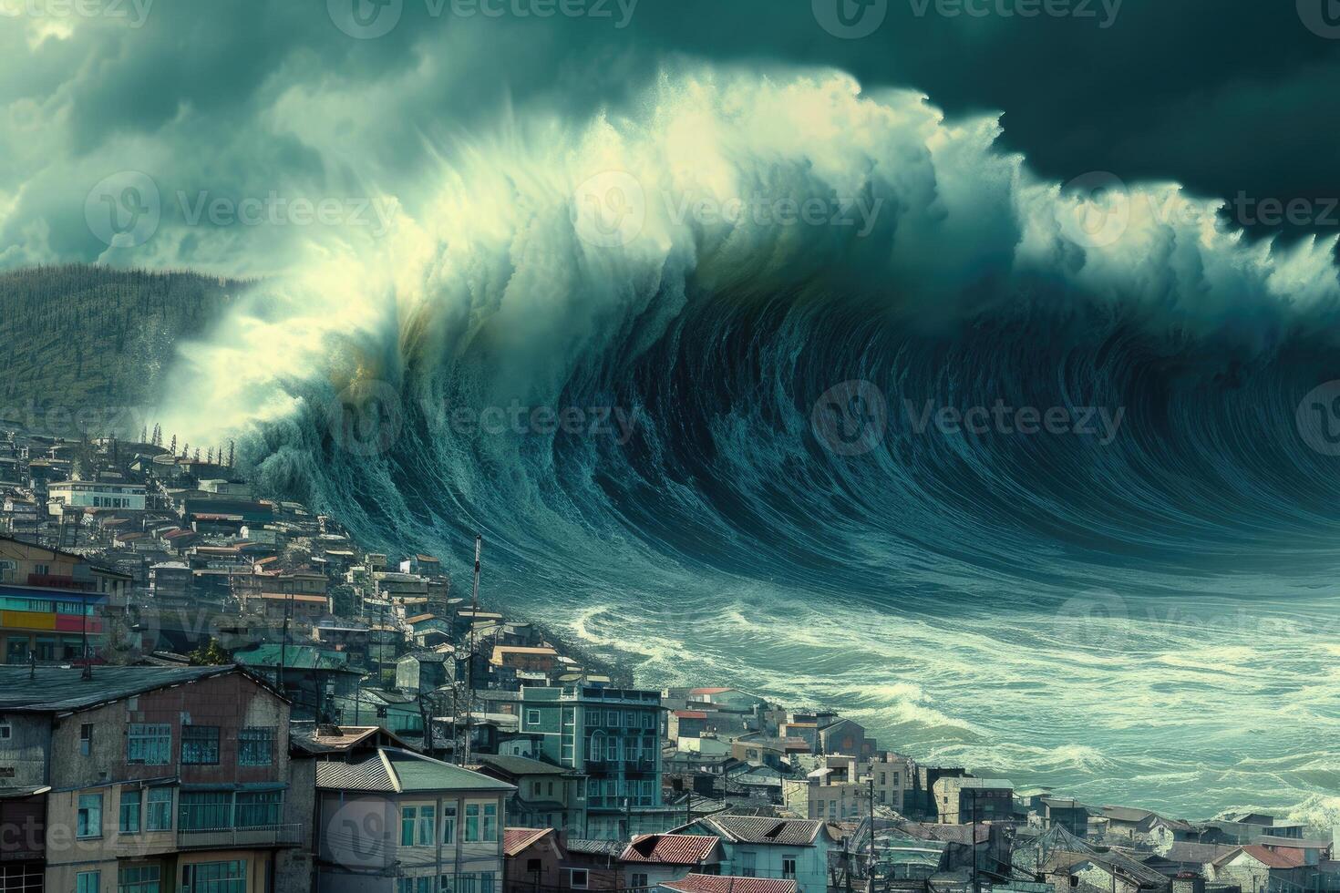 A large wave crashing over a city photo