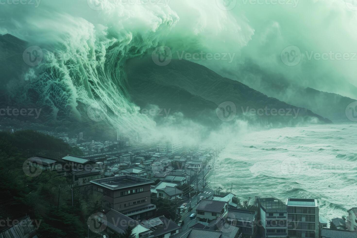 A large wave is crashing over a city photo