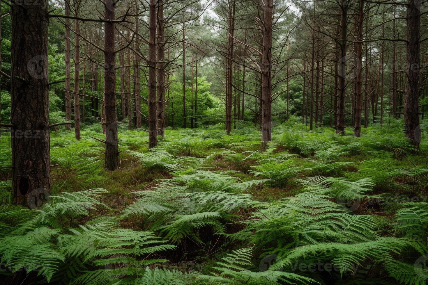 A forest with ferns and trees in the middle photo