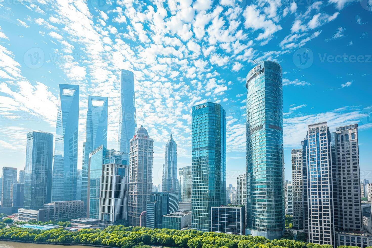 Shanghai skyline with blue sky and clouds photo