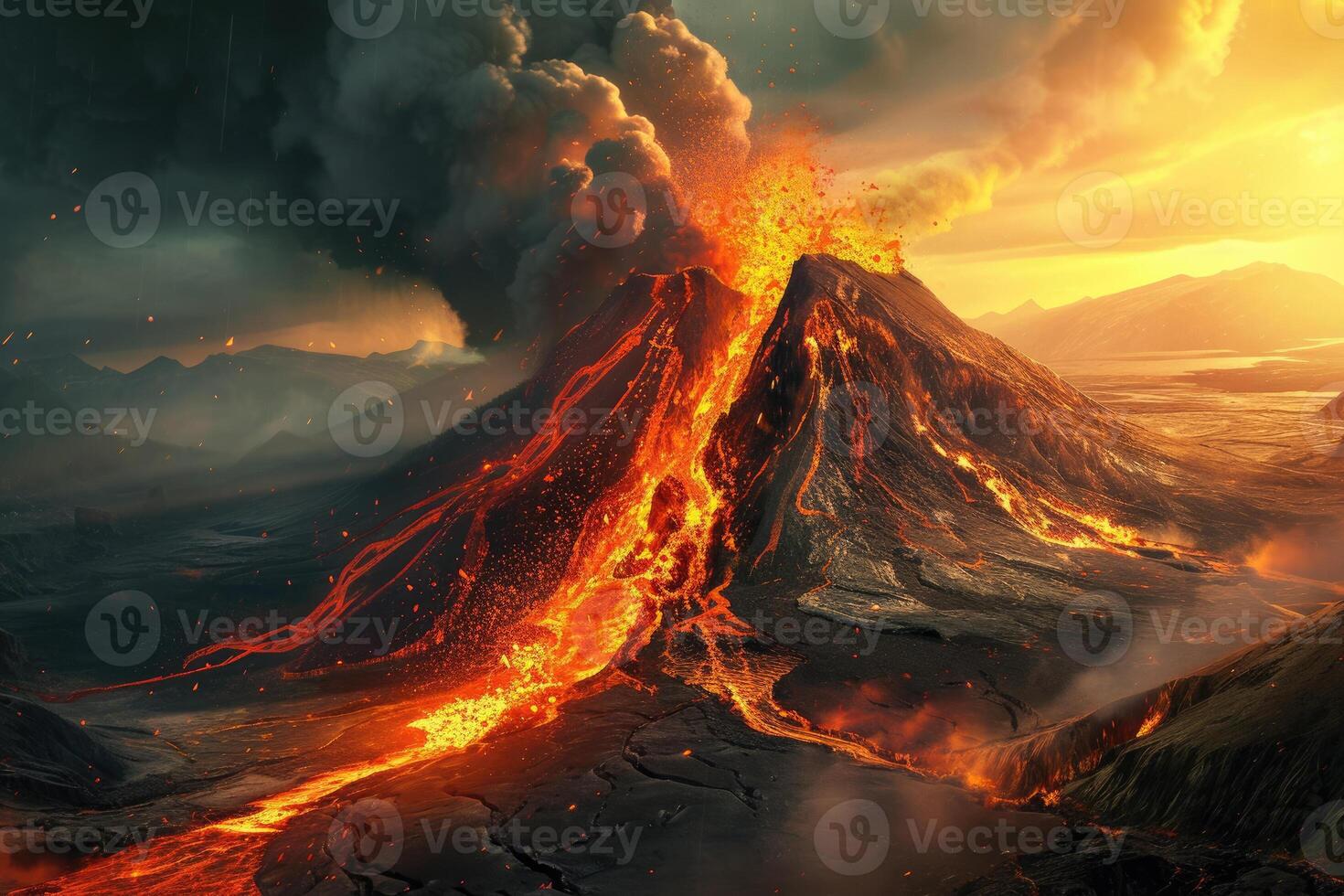 An image of a volcano with lava and smoke coming out of it photo