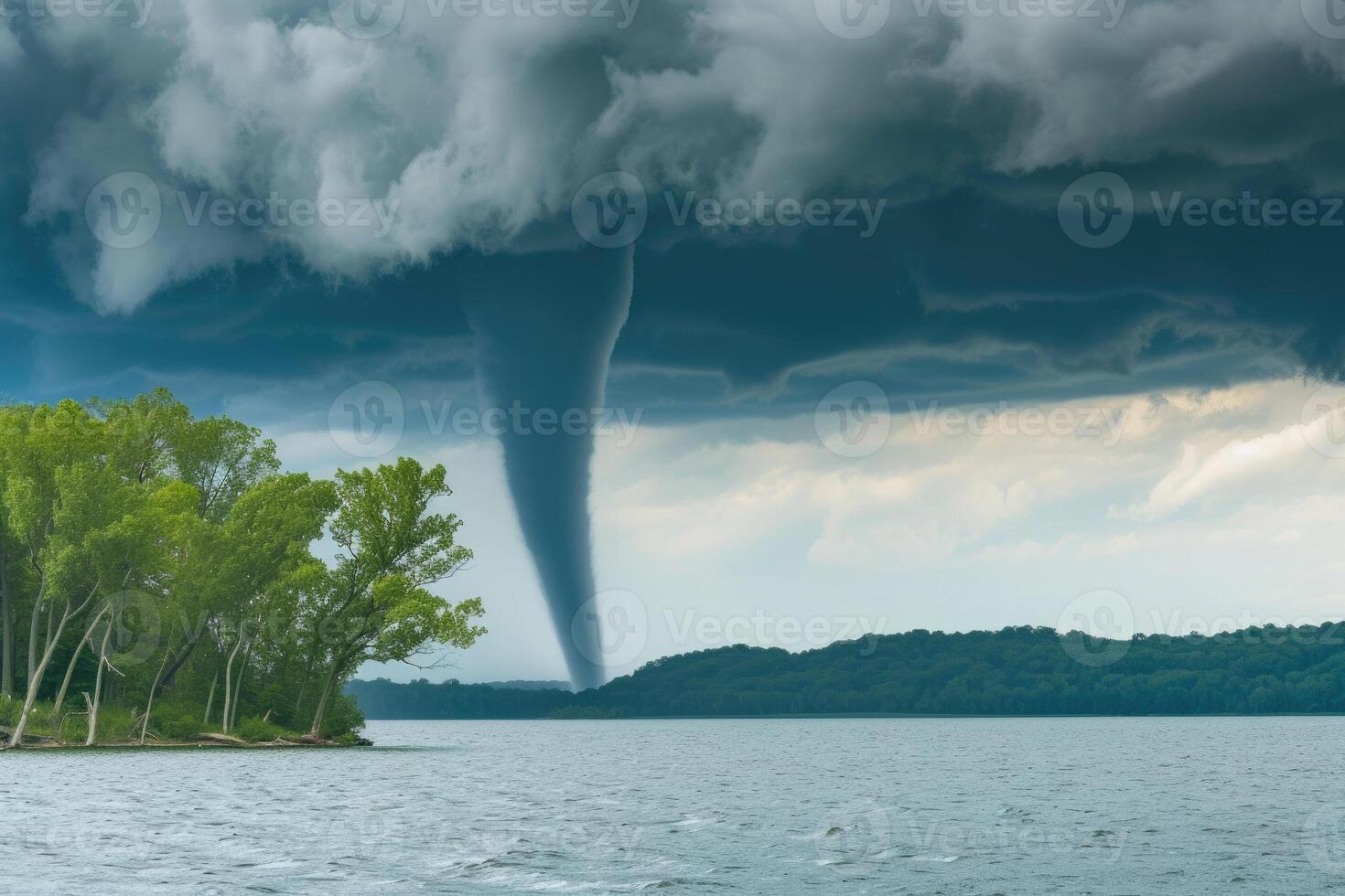 A tornado is seen over a lake with trees photo