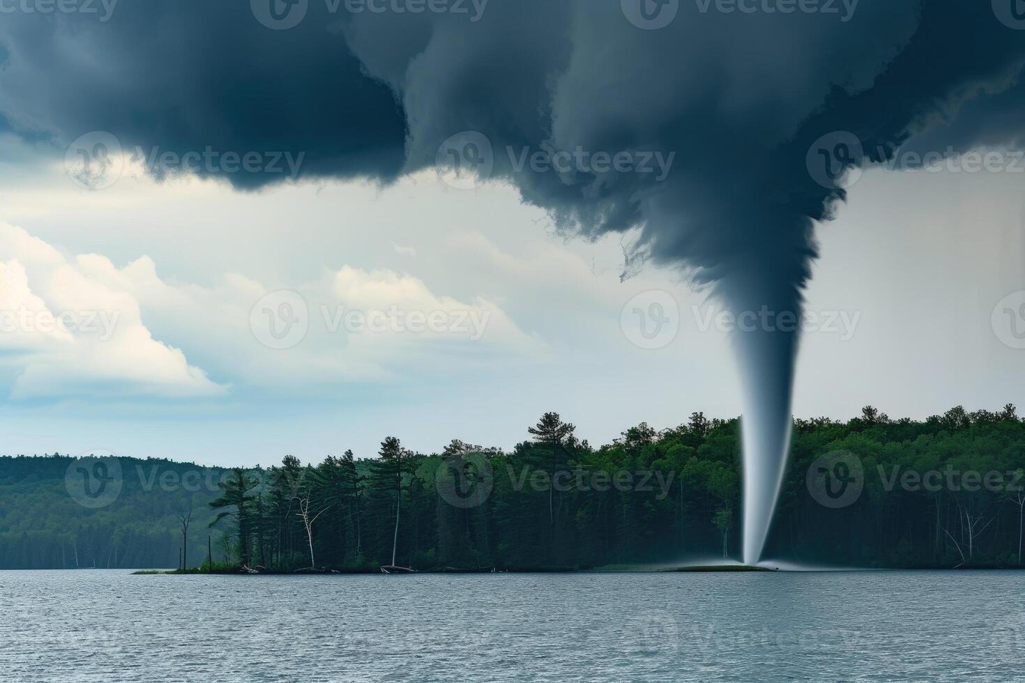 A tornado is seen in the sky over a lake photo