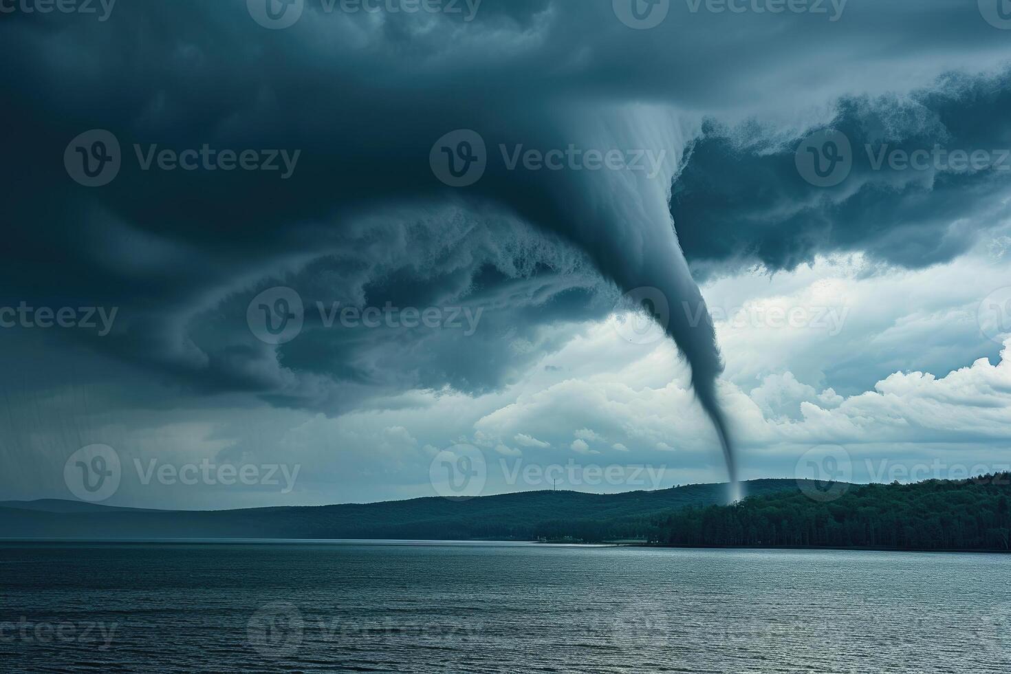 A large tornado is seen over the water photo