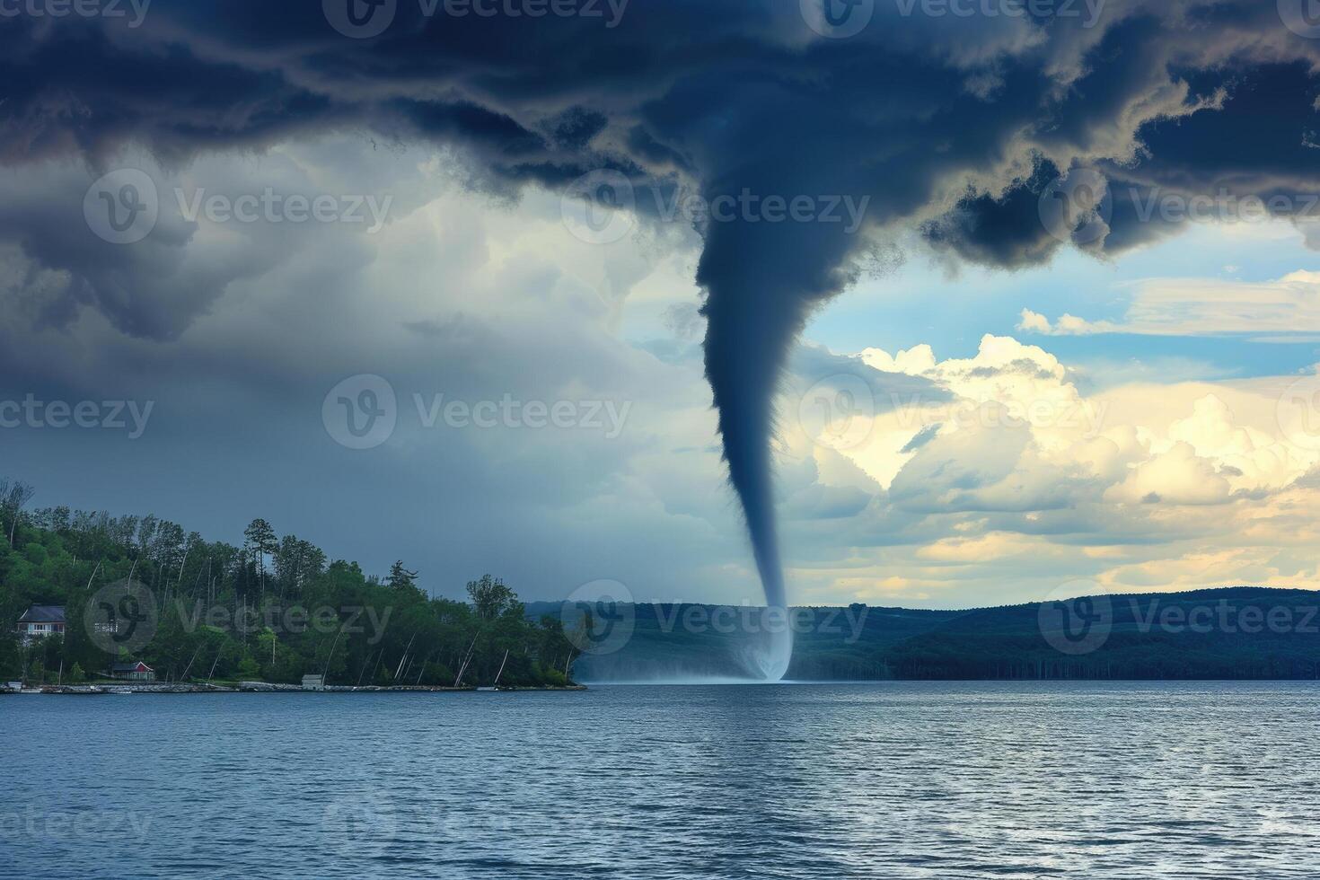 A tornado is seen over a lake with a house in the background photo
