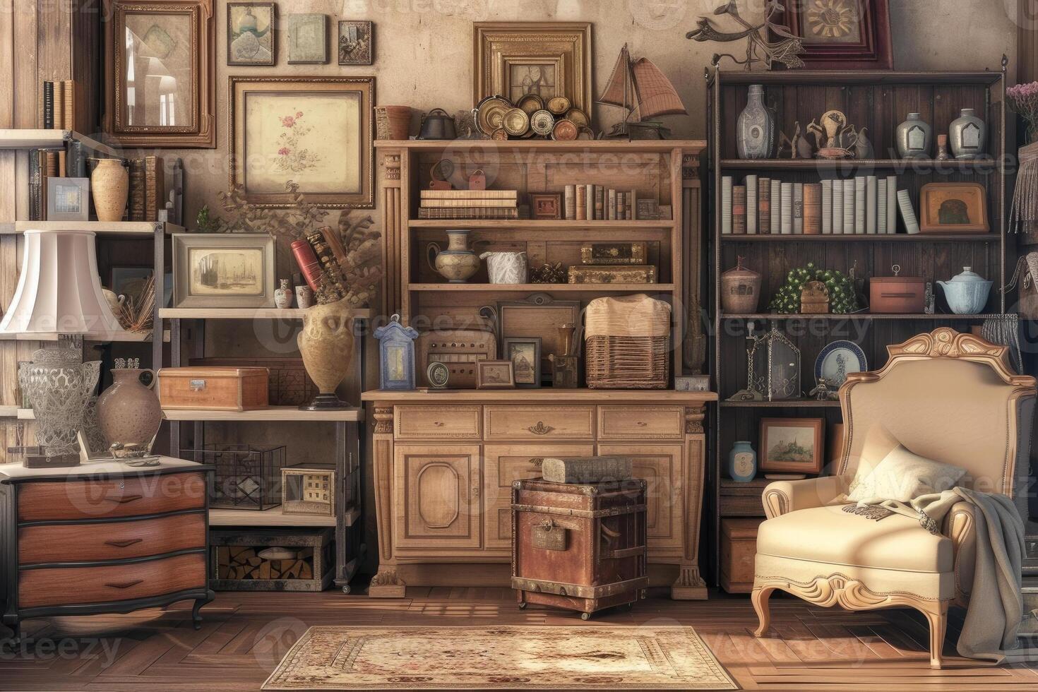 A room with a chair, a table and a cabinet photo