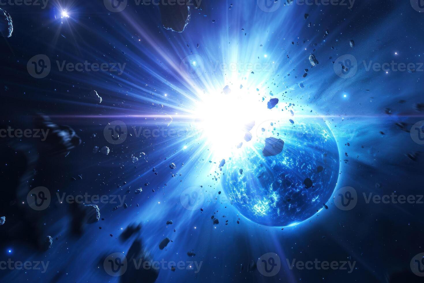 An image of a blue planet with stars photo