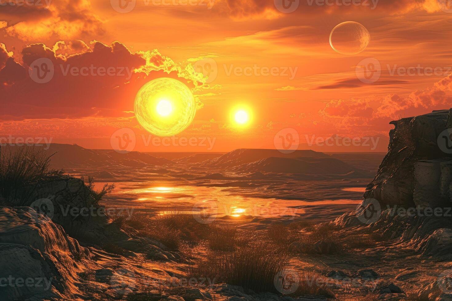 An alien landscape with two suns in the sky photo