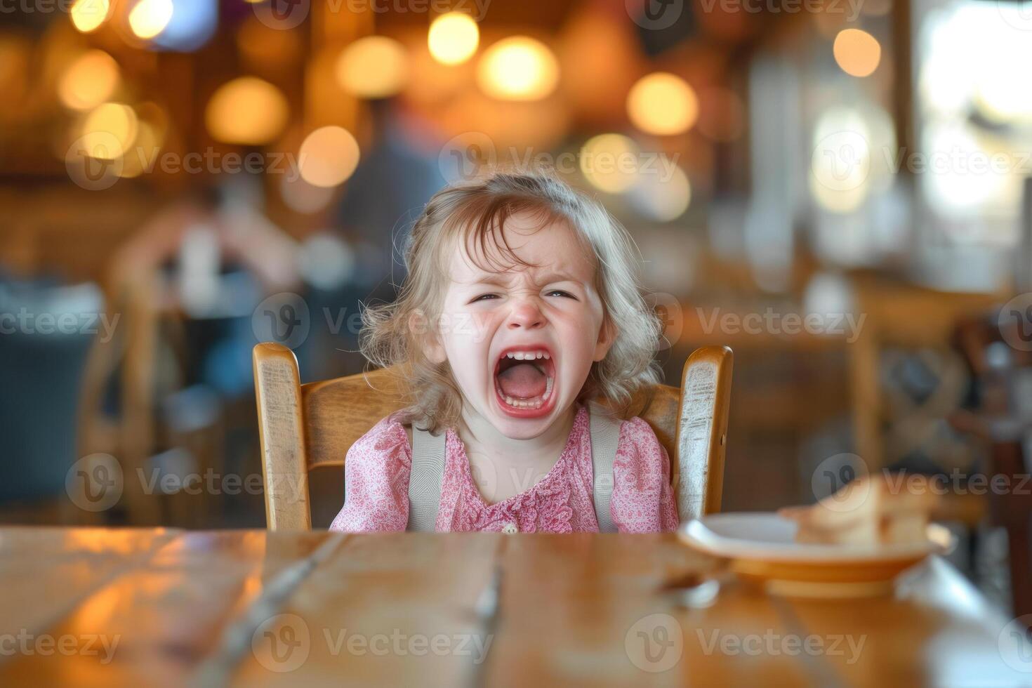 A little girl is sitting at a table with her mouth open photo
