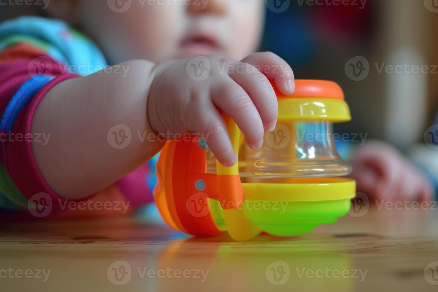 A baby playing with a toy on a table photo