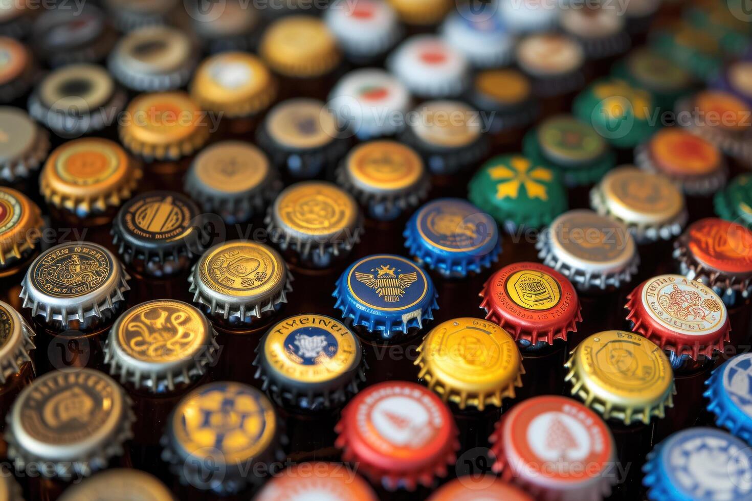 A large number of beer caps are arranged in rows photo