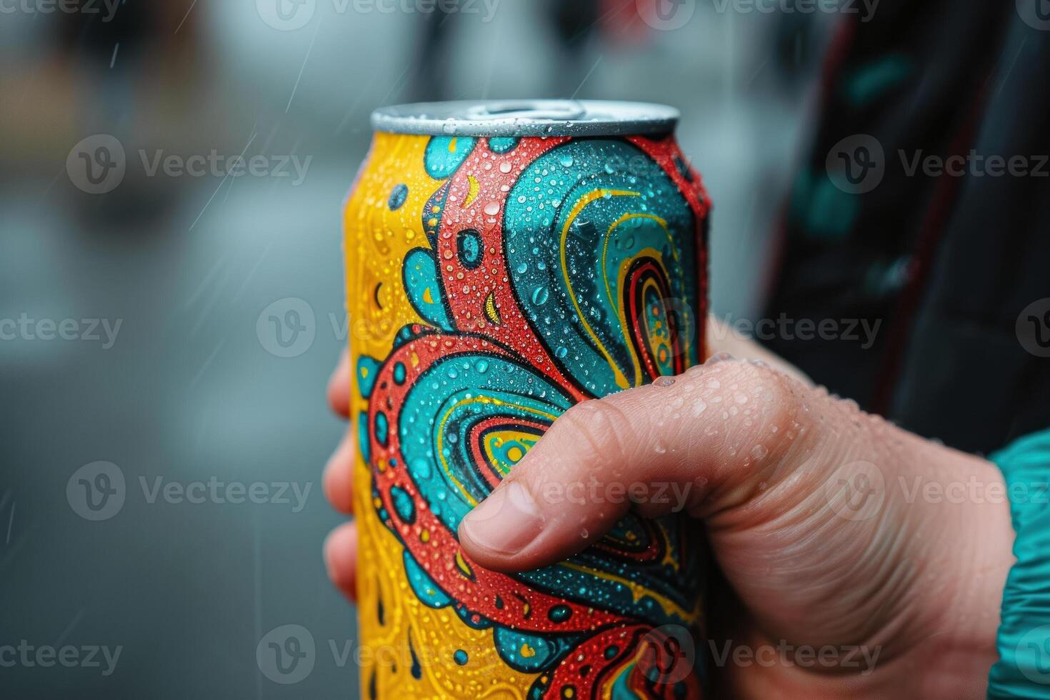 A person holding a can of beer with colorful designs photo