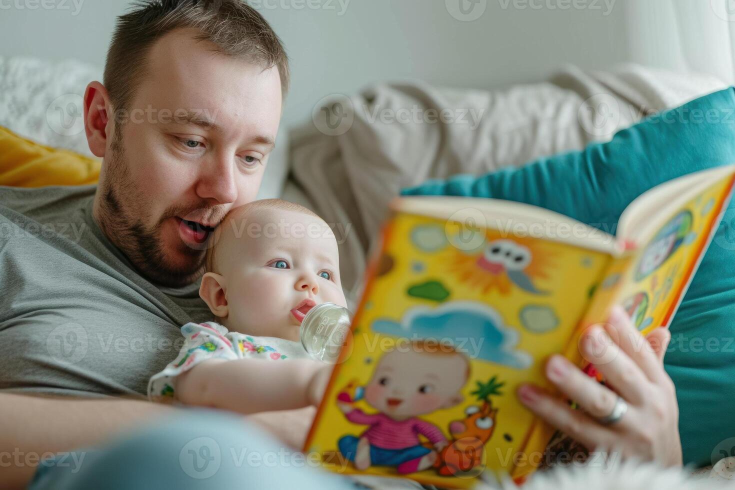 A man reading a book to his baby while sitting on a couch photo