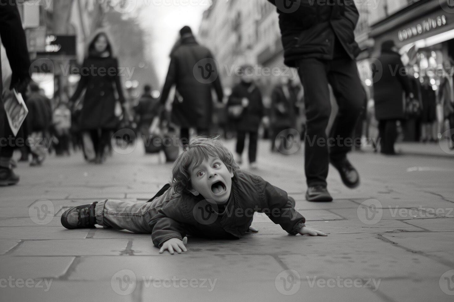 A young boy is crawling on the ground in a city photo