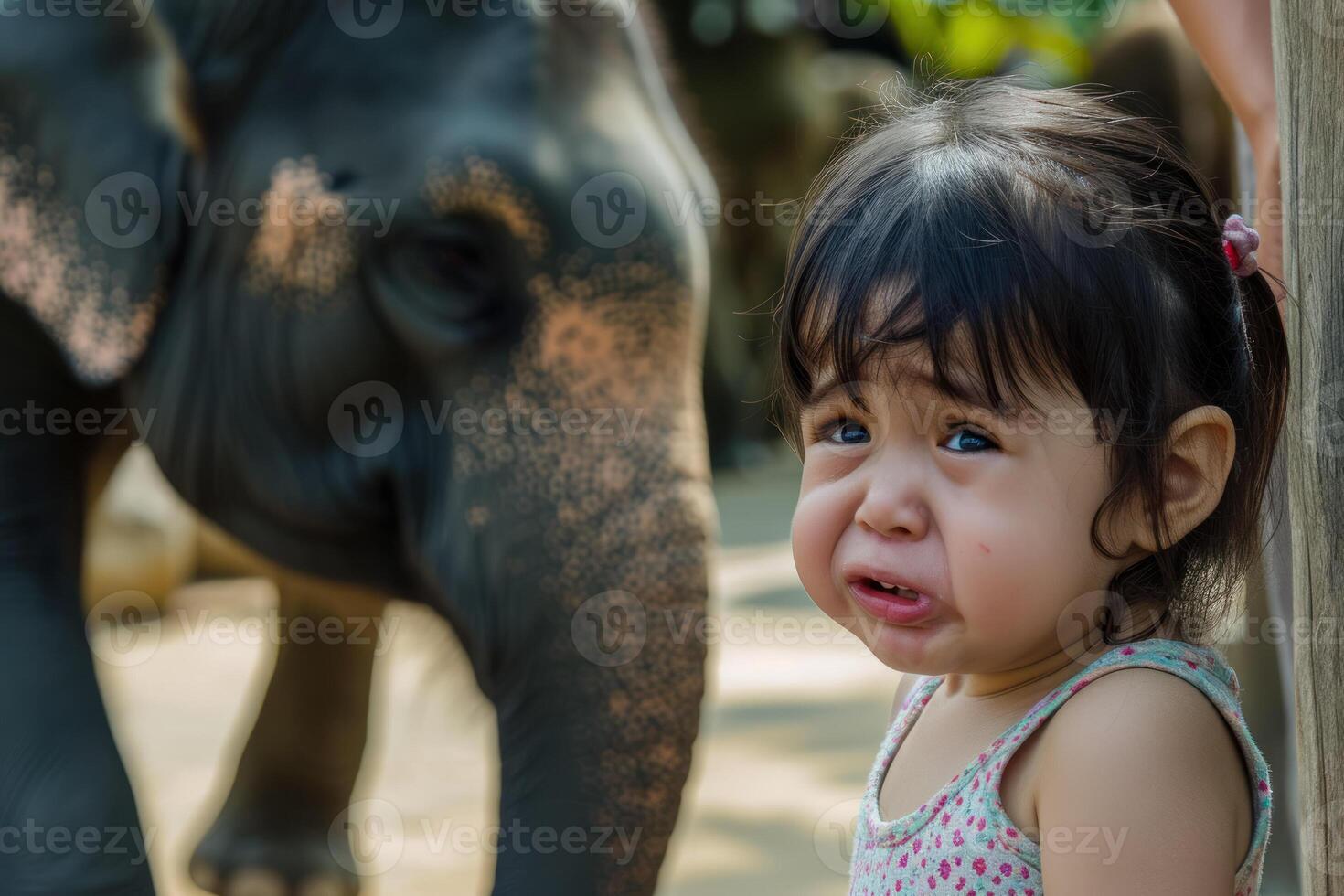 A little girl is crying next to an elephant photo