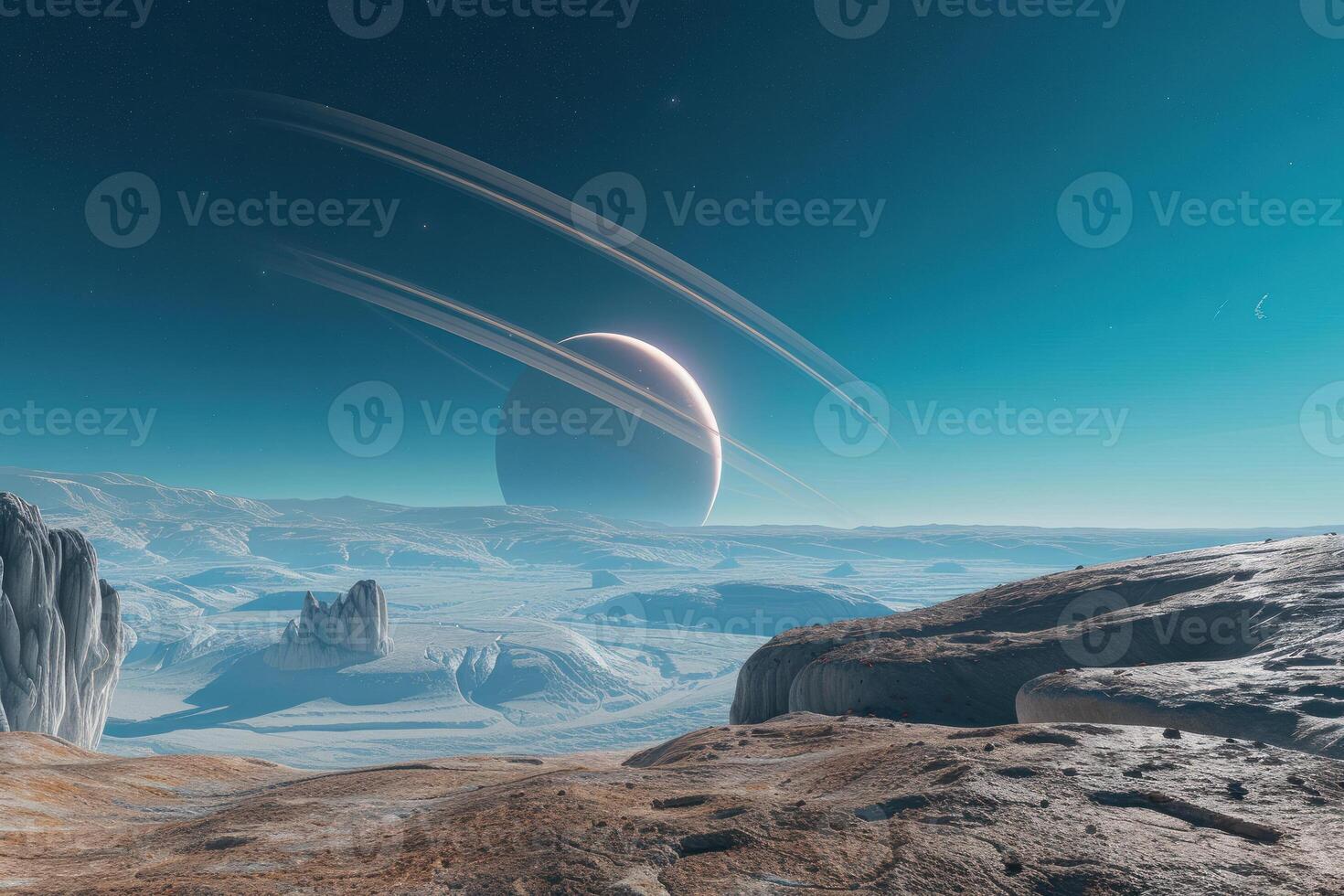 An alien planet with a ring and a mountain in the distance photo
