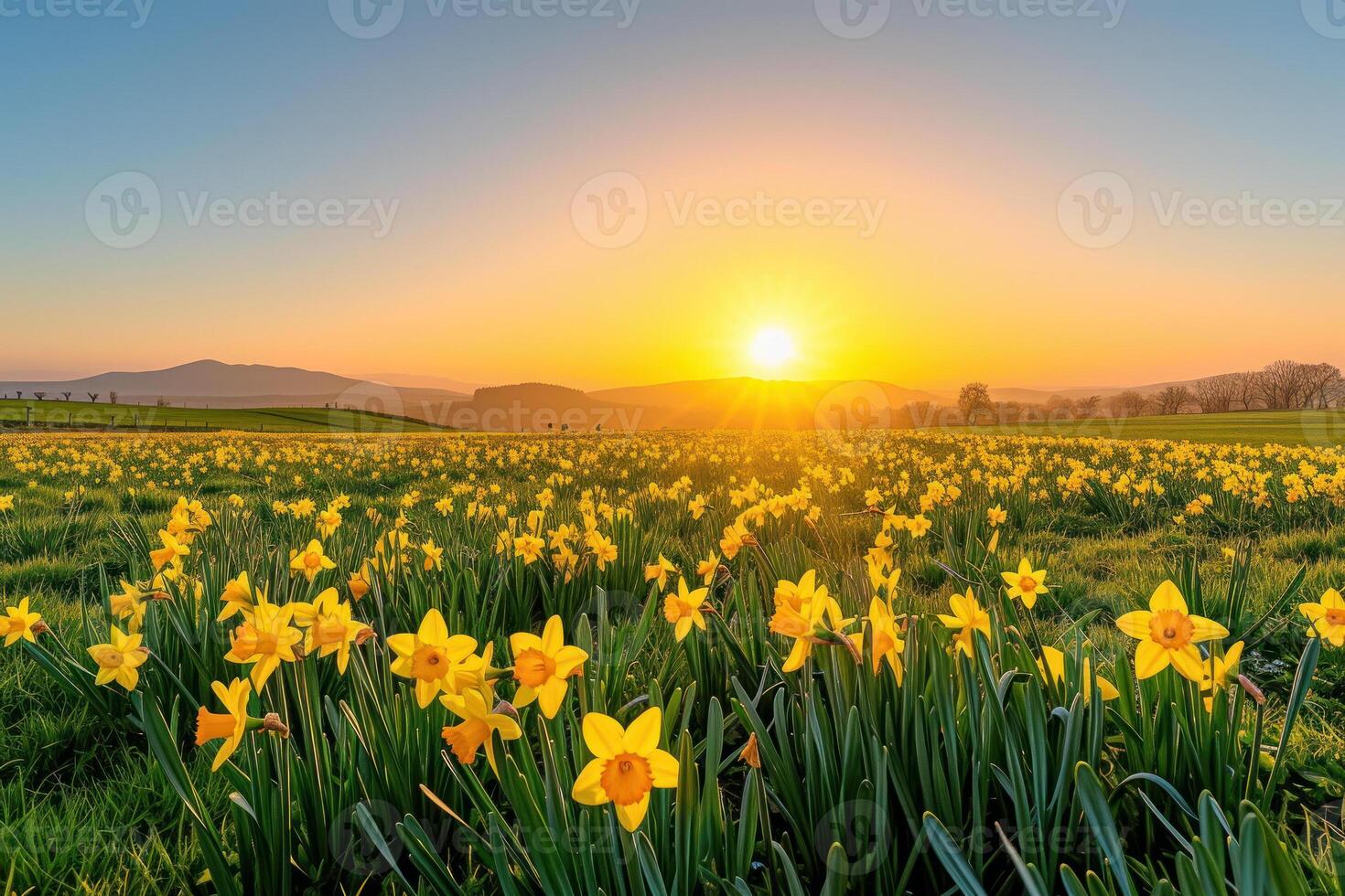 Daffodils in a field at sunrise photo