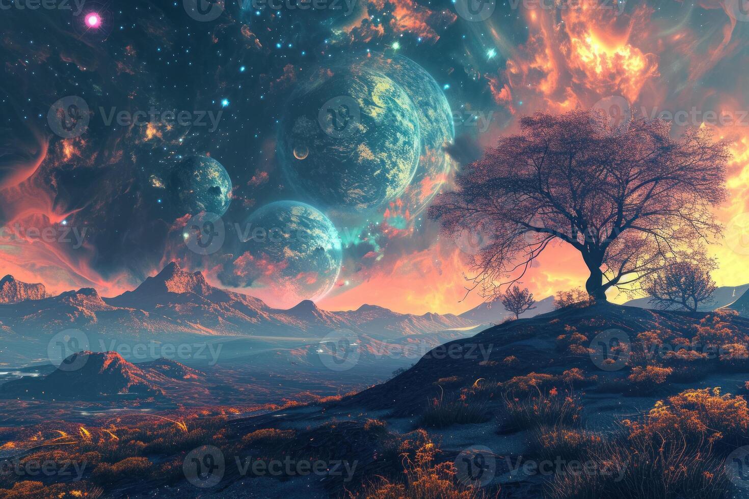 An alien landscape with planets and trees photo
