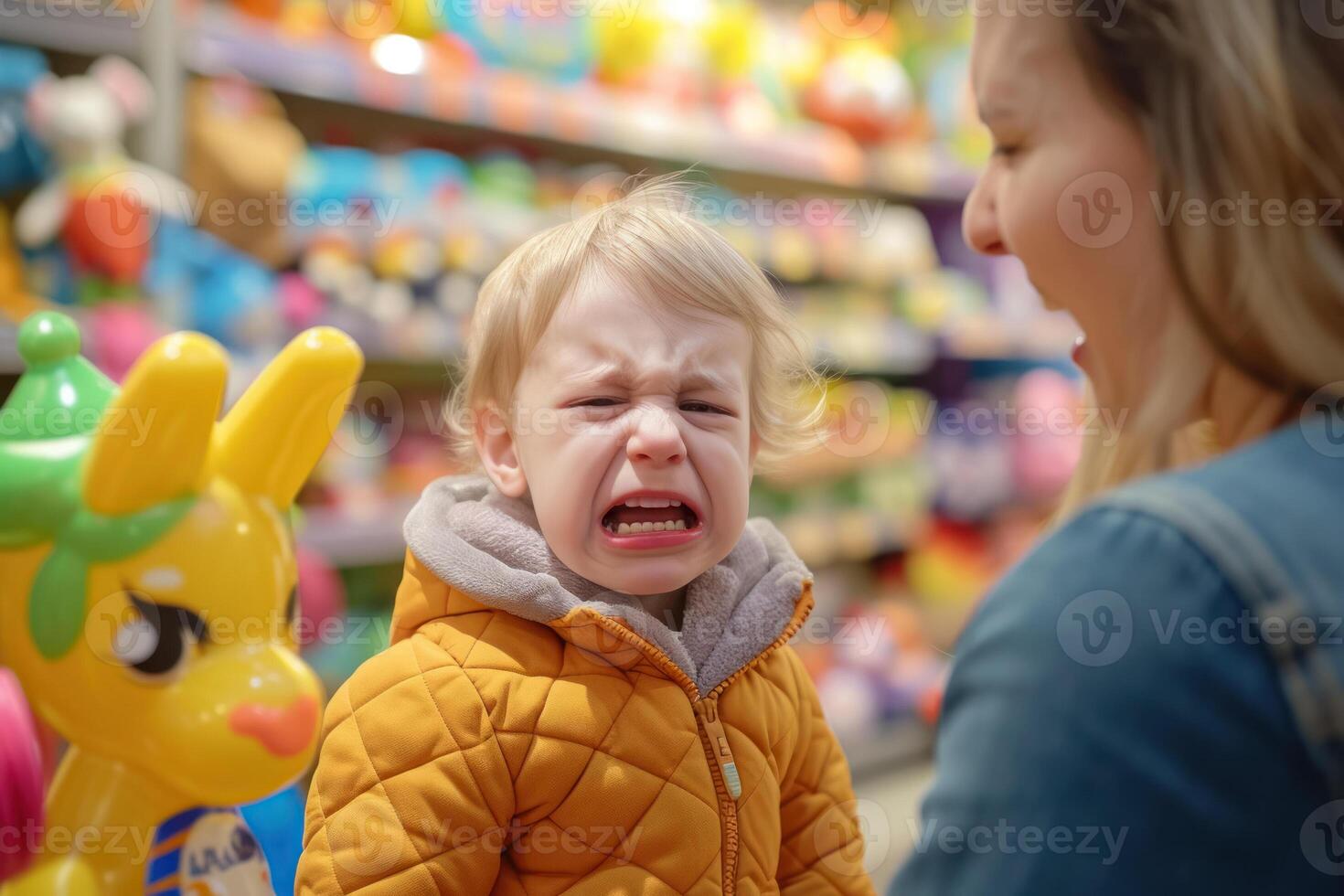 A child is crying in a toy store photo