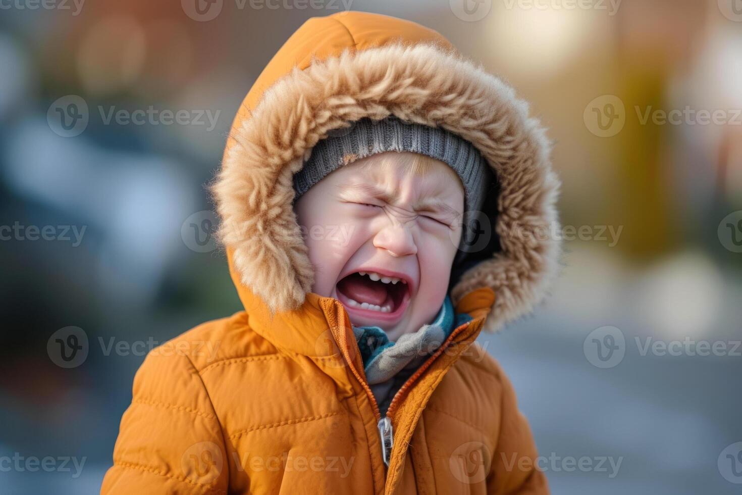 A young child in an orange coat and hoodie is crying photo