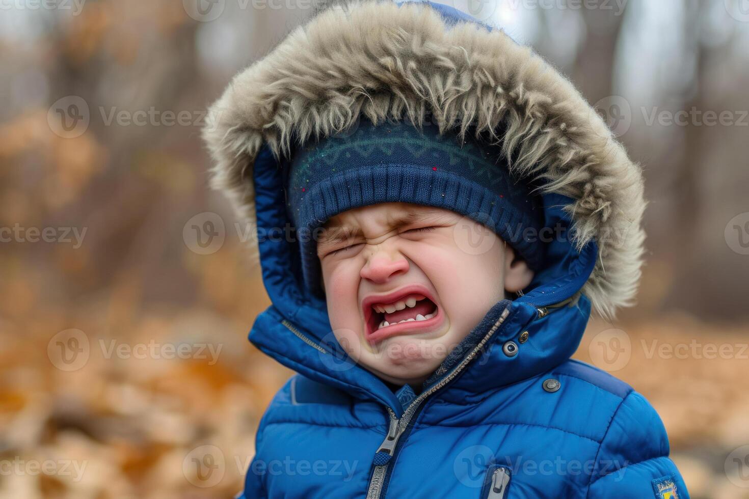 A young boy in a blue jacket and hat is crying photo