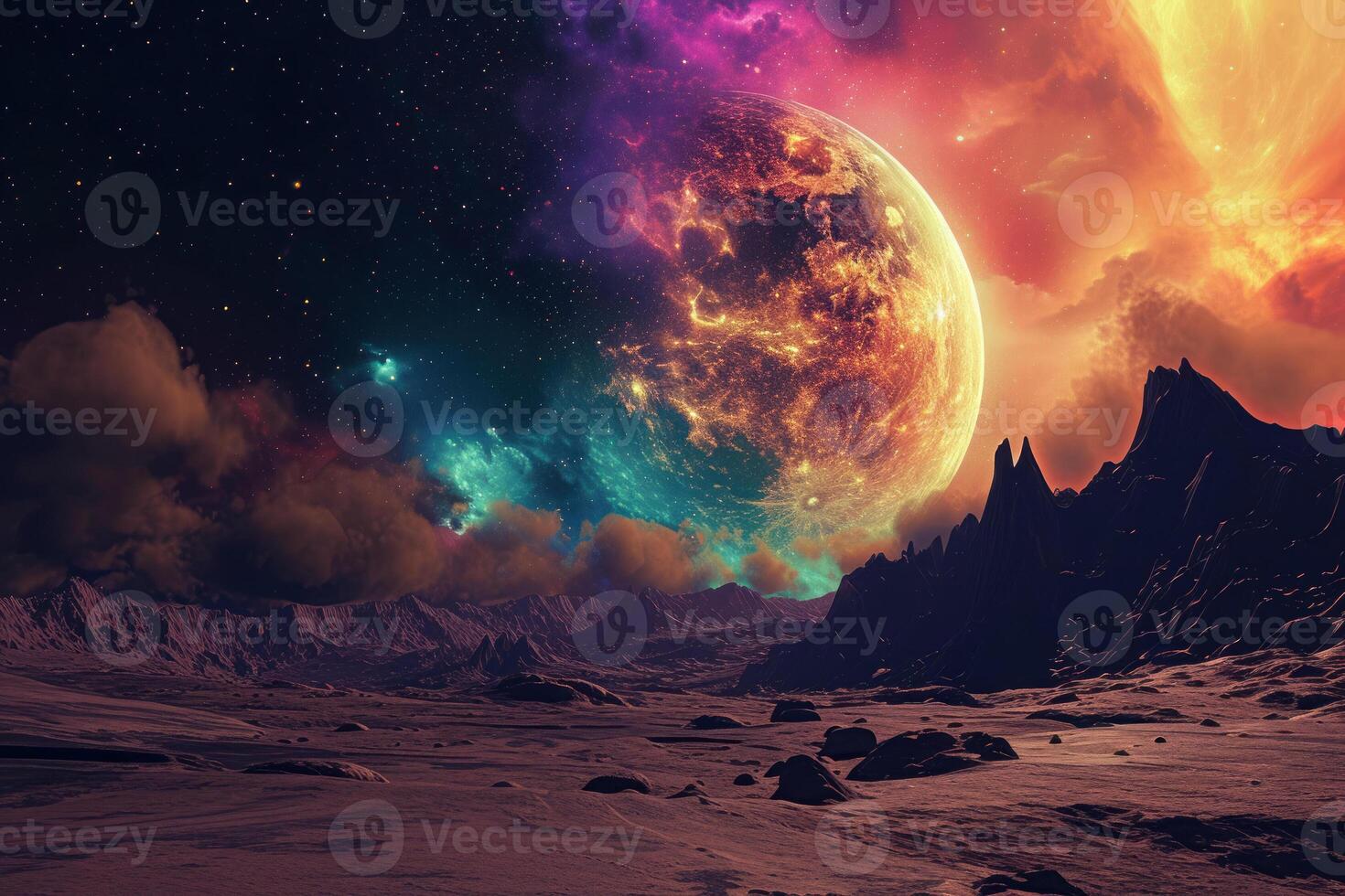 An alien planet and stars in the sky photo
