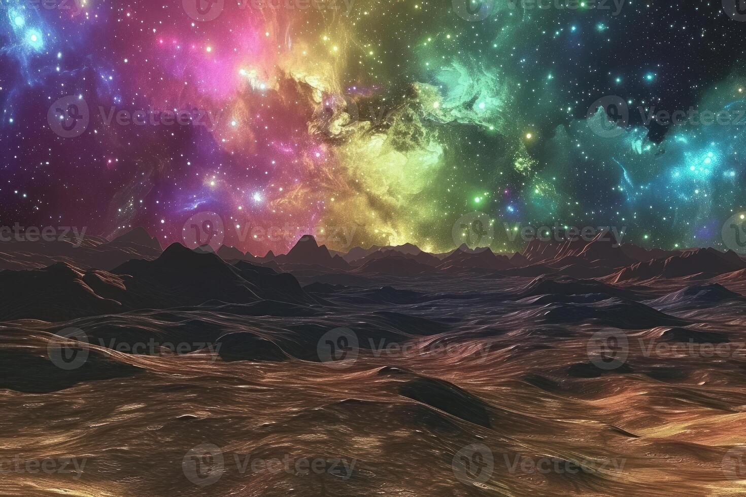 A colorful galaxy over a desert landscape photo