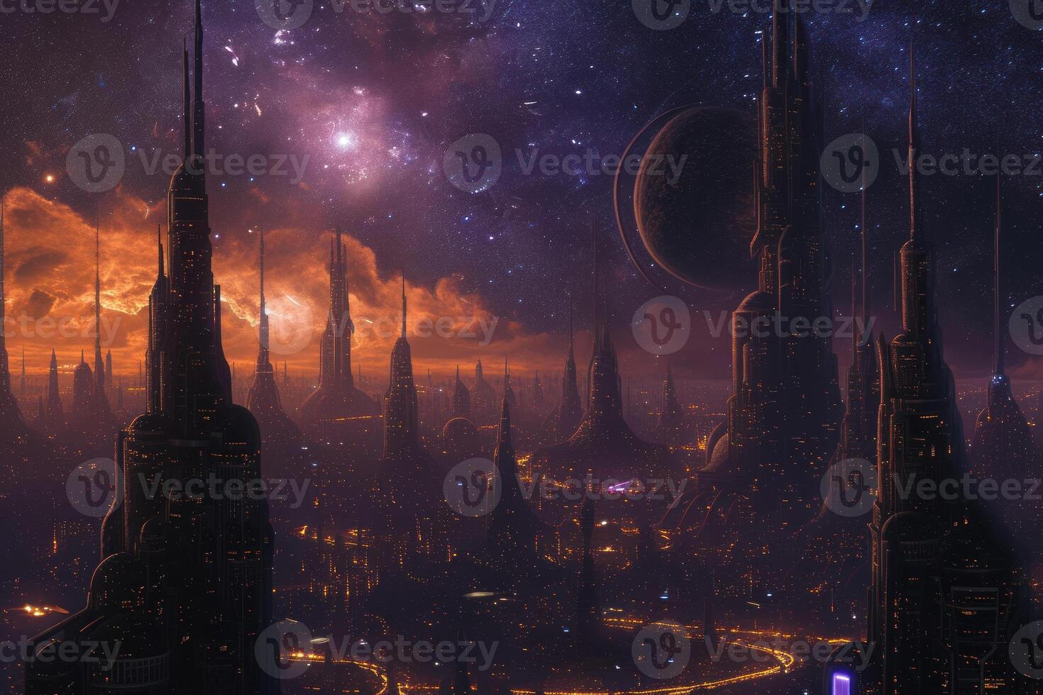 An alien city with many tall buildings and a star in the sky photo